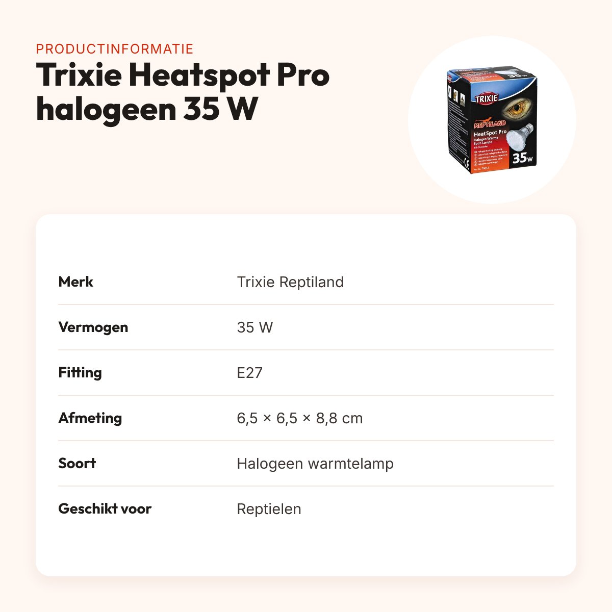 Trixie Reptiland Heatspot Pro halogeen warmtelamp 35 W – 6,5 x 6,5 x 8,8 cm – productinformatie