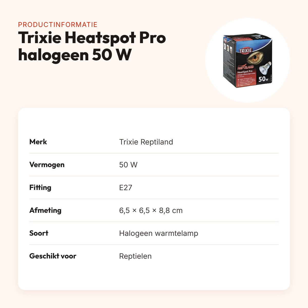 Trixie Reptiland Heatspot Pro halogeen warmtelamp 50 W – 6,5 x 6,5 x 8,8 cm – productinformatie