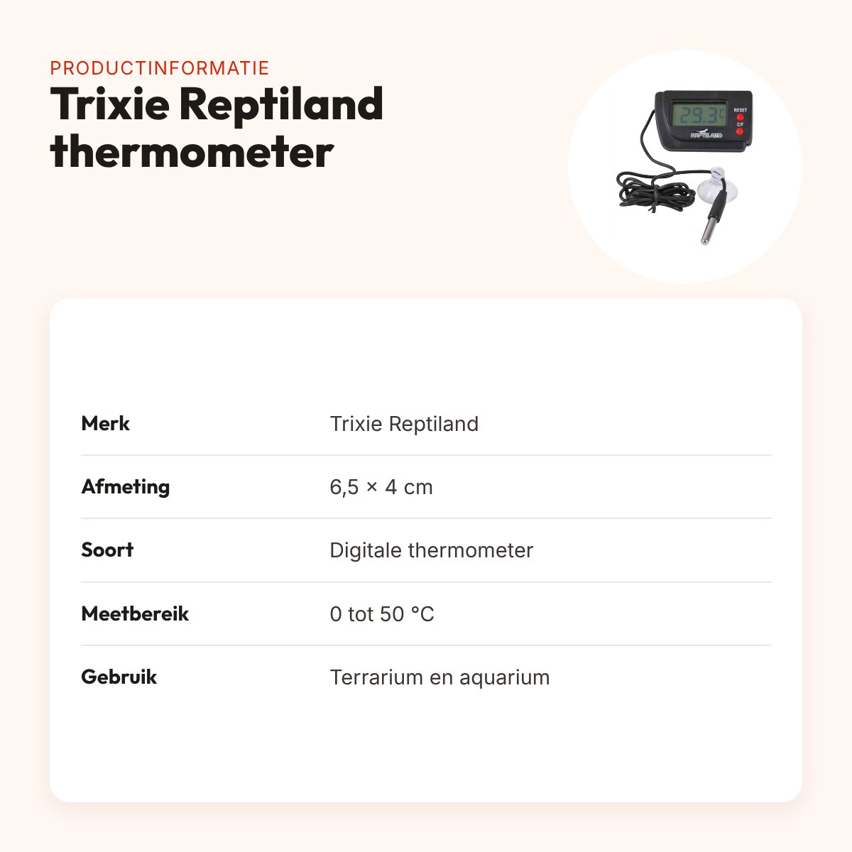 Trixie Reptiland thermometer digitaal 6,5 x 4 cm – voeler op 90 cm kabel – productinformatie