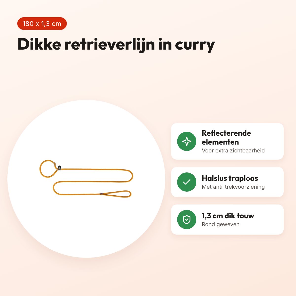 Trixie retrieverlijn Summit rond touw reflecterend curry 180 x 1,3 cm – voordelen
