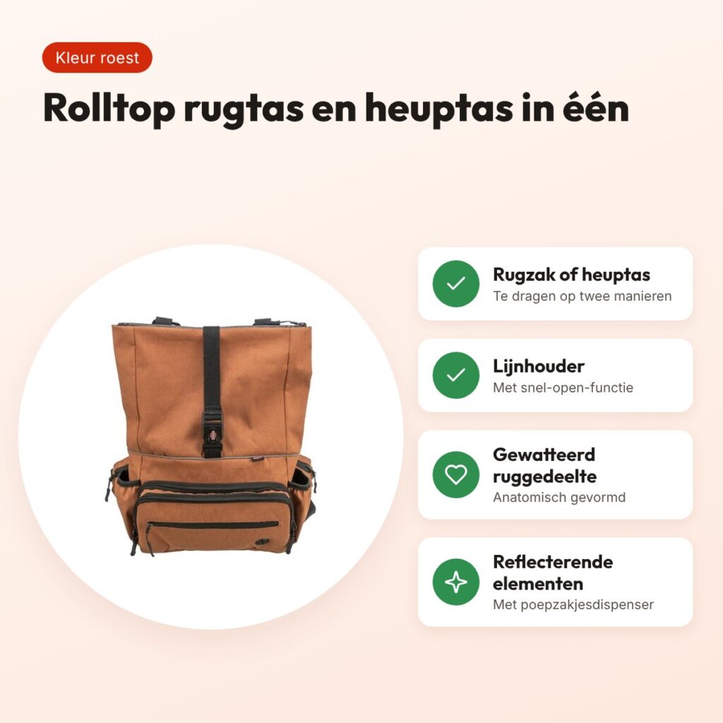 Trixie rolltop rugtas met heuptas roest – rugzak en heuptas in één – voordelen