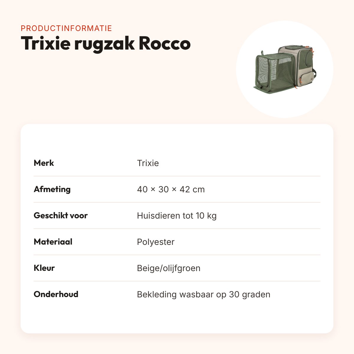 Trixie rugzak Rocco beige/olijfgroen 40 x 30 x 42 cm – tot 10 kg – productinformatie