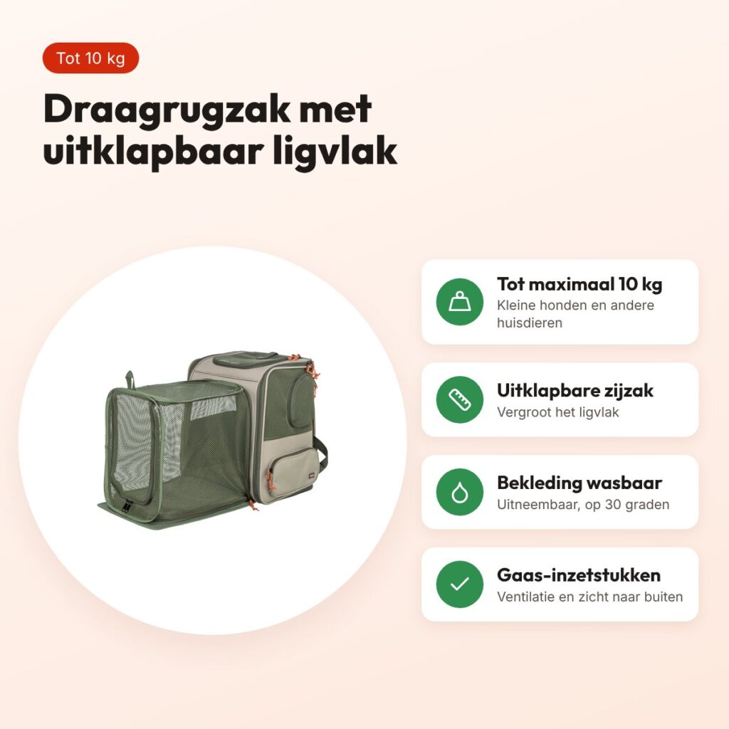 Trixie rugzak Rocco beige/olijfgroen 40 x 30 x 42 cm – tot 10 kg – voordelen