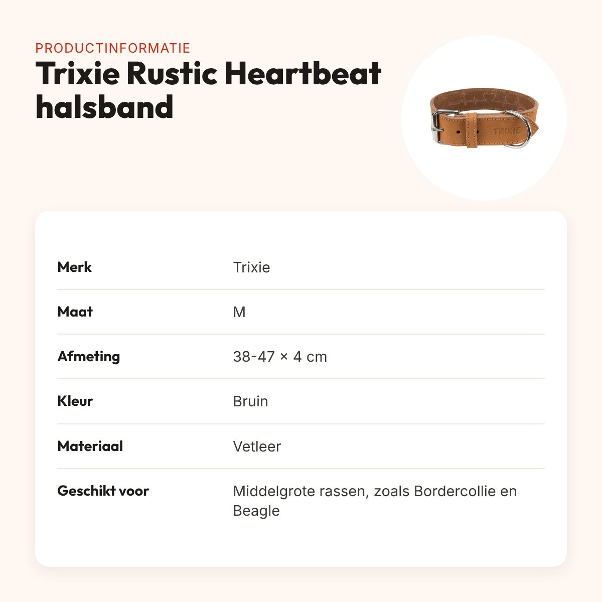 Trixie Rustic Heartbeat halsband vetleer bruin 38-47 x 4 cm – productinformatie