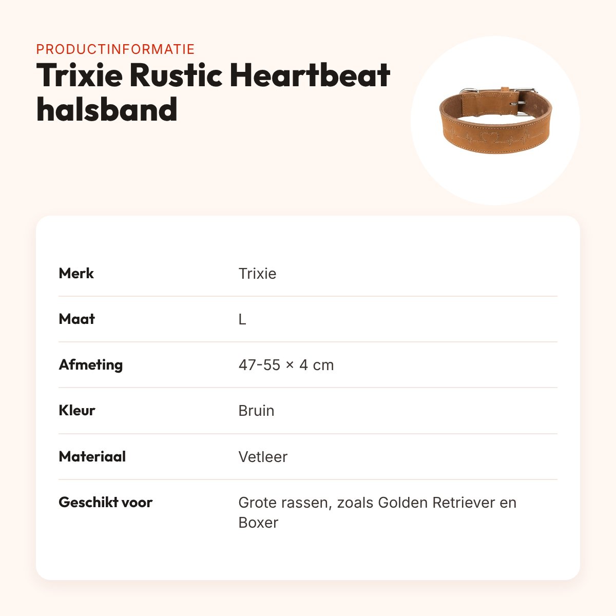 Trixie Rustic Heartbeat halsband vetleer bruin 47-55 x 4 cm – productinformatie