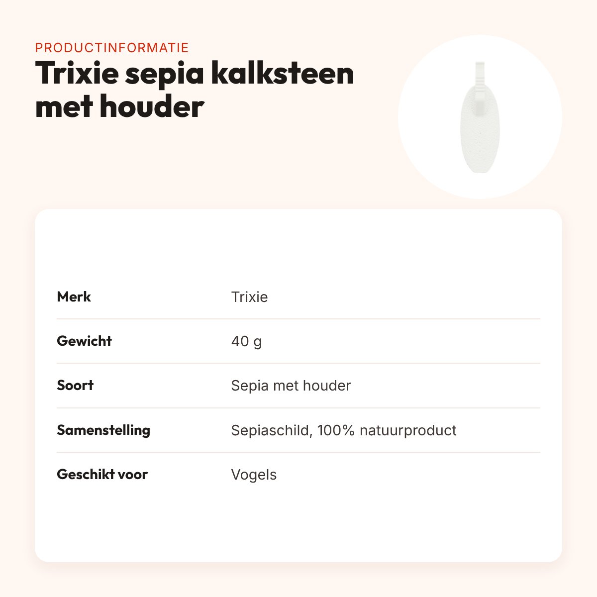 Trixie sepia van kalksteen met houder 40 g – mineralen voor vogels – productinformatie