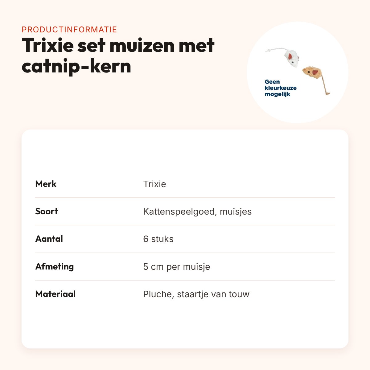 Trixie set muizen met catnip-kern pluche 5 cm – 6 stuks – productinformatie