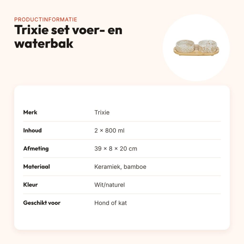 Trixie set voerbak en waterbak keramiek/bamboe wit/natuur 2 x 800 ml – productinformatie