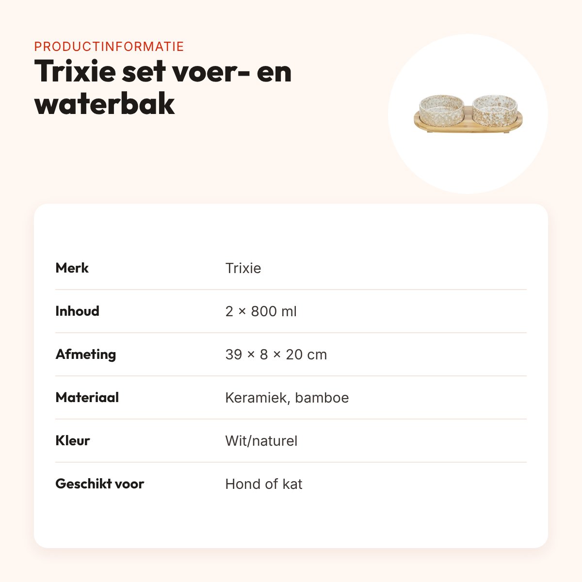 Trixie set voerbak en waterbak keramiek/bamboe wit/natuur 2 x 800 ml – productinformatie