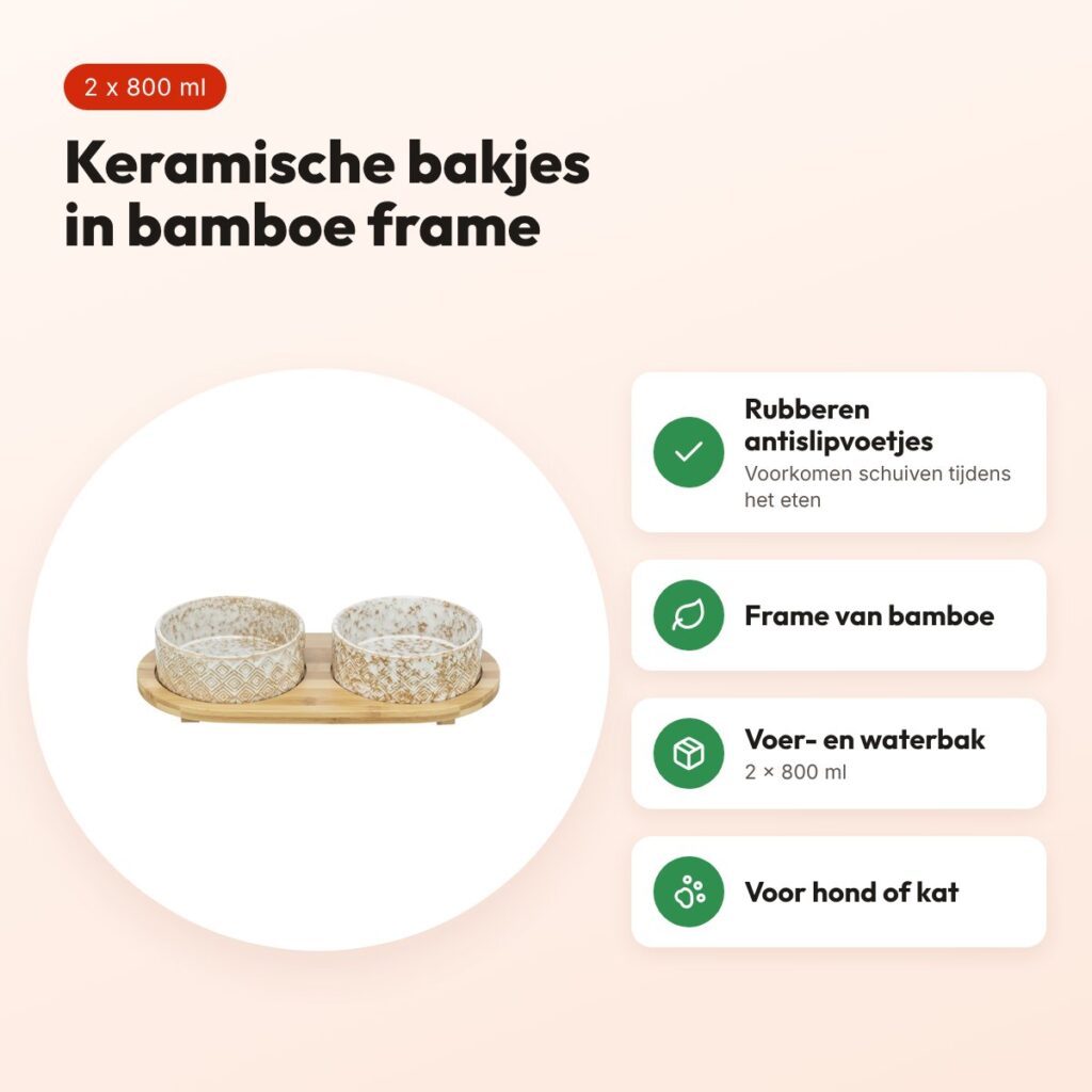 Trixie set voerbak en waterbak keramiek/bamboe wit/natuur 2 x 800 ml – voordelen