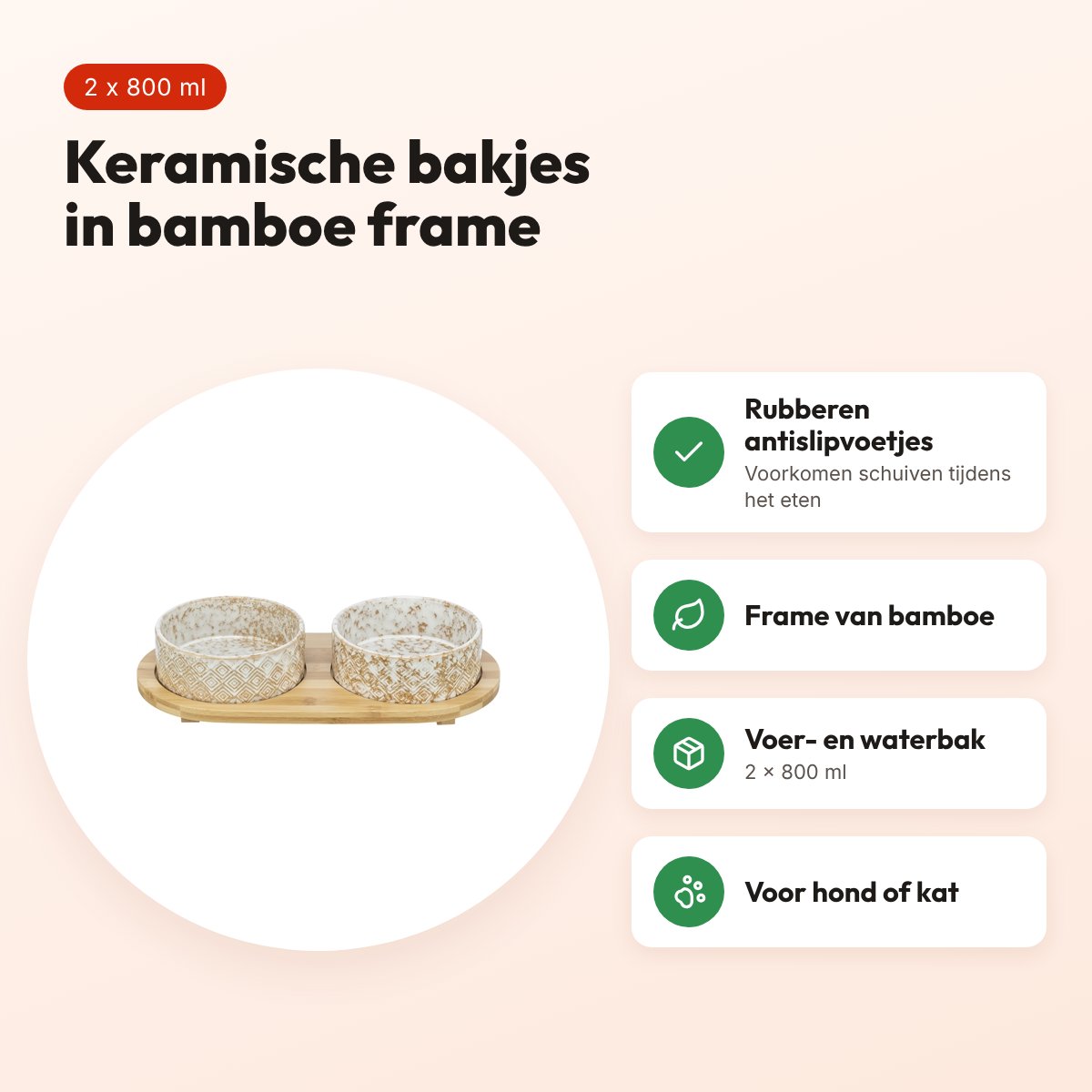 Trixie set voerbak en waterbak keramiek/bamboe wit/natuur 2 x 800 ml – voordelen