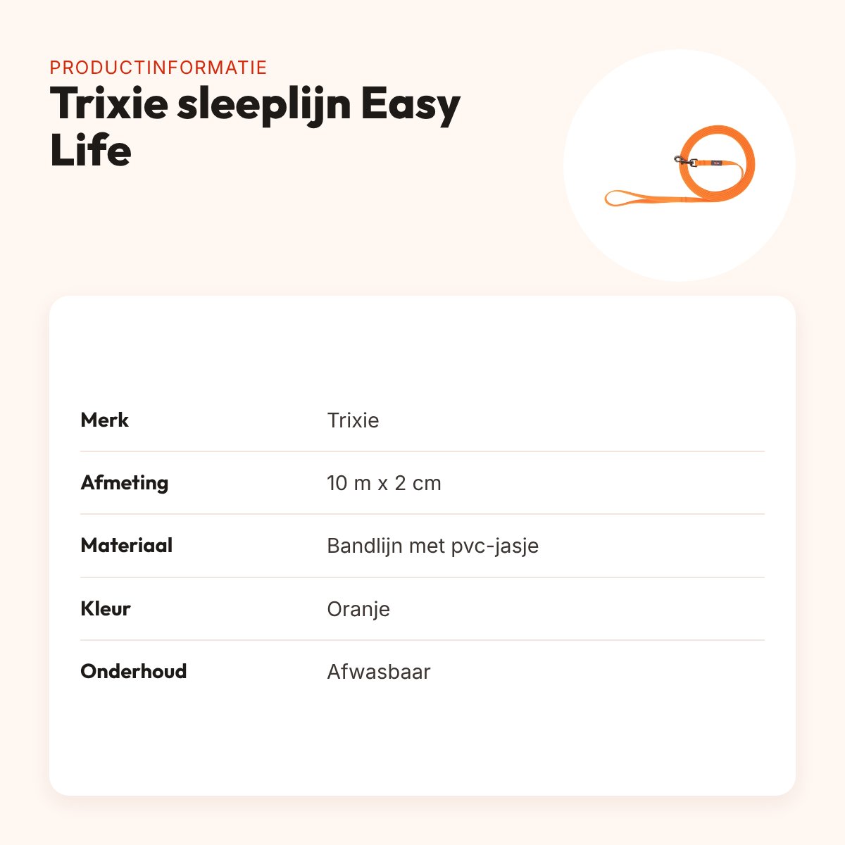 Trixie sleeplijn Easy Life oranje 10 m x 2 cm – waterafstotend, afwasbaar – productinformatie