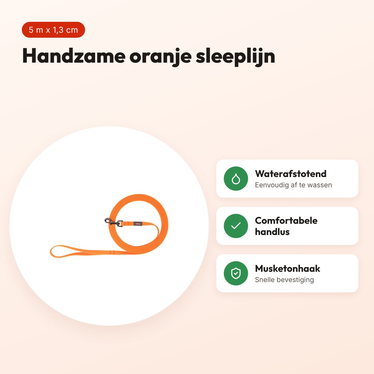 Trixie sleeplijn Easy Life oranje 5 m x 1,3 cm – waterafstotend, afwasbaar – voordelen