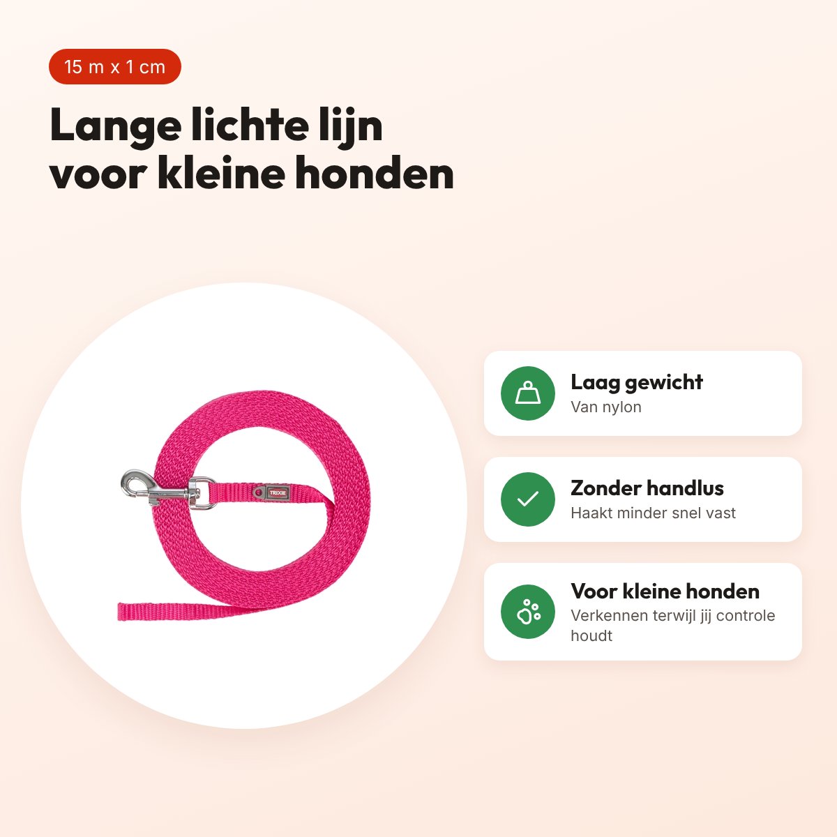 Trixie sleeplijn extra licht fuchsia 15 m x 1 cm – kleine honden – voordelen