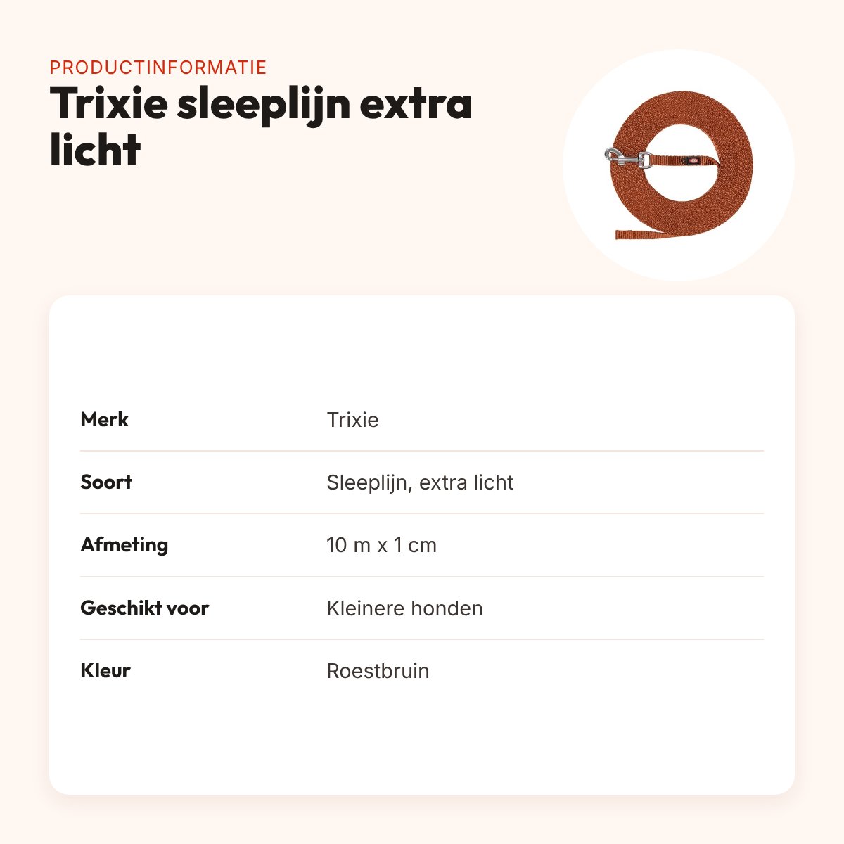 Trixie sleeplijn extra licht roestbruin 10 m x 1 cm – kleinere honden – productinformatie