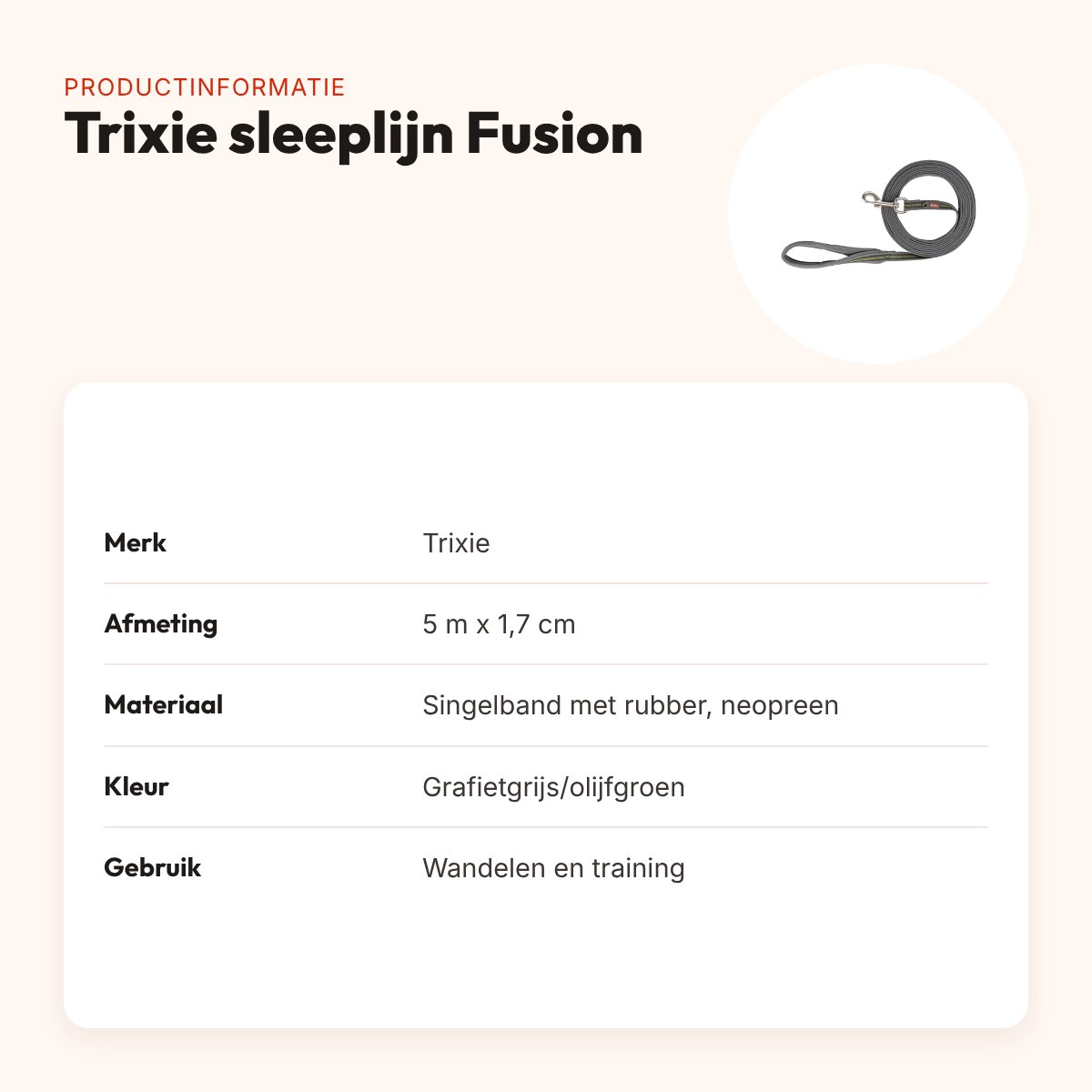 Trixie sleeplijn Fusion grafietgrijs/olijfgroen 5 m x 1,7 cm – productinformatie
