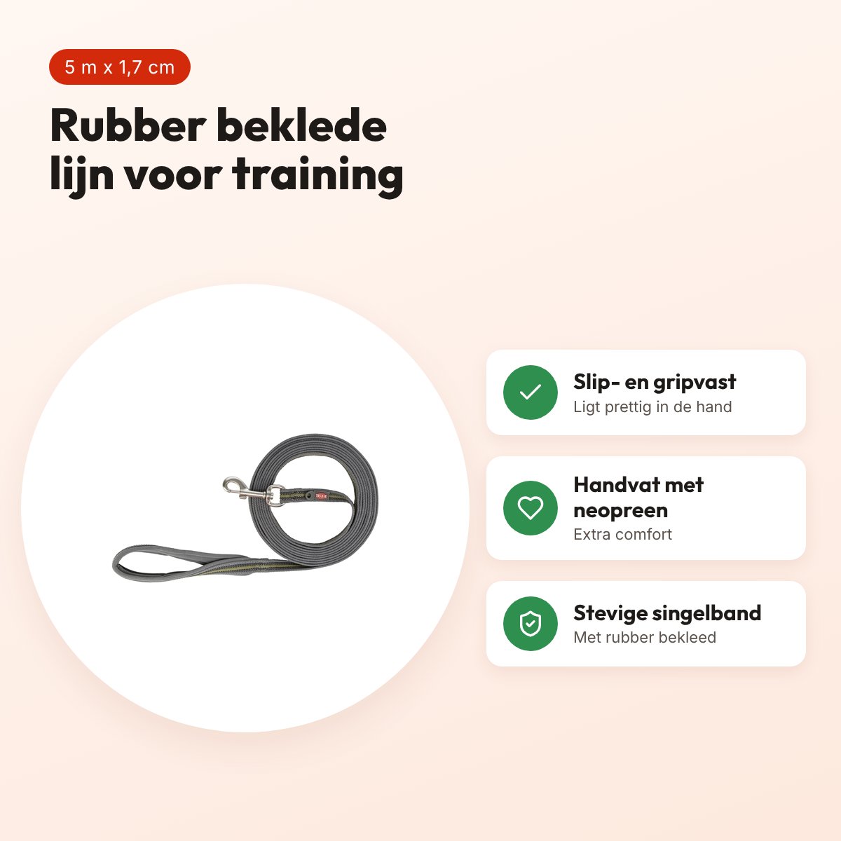 Trixie sleeplijn Fusion grafietgrijs/olijfgroen 5 m x 1,7 cm – voordelen
