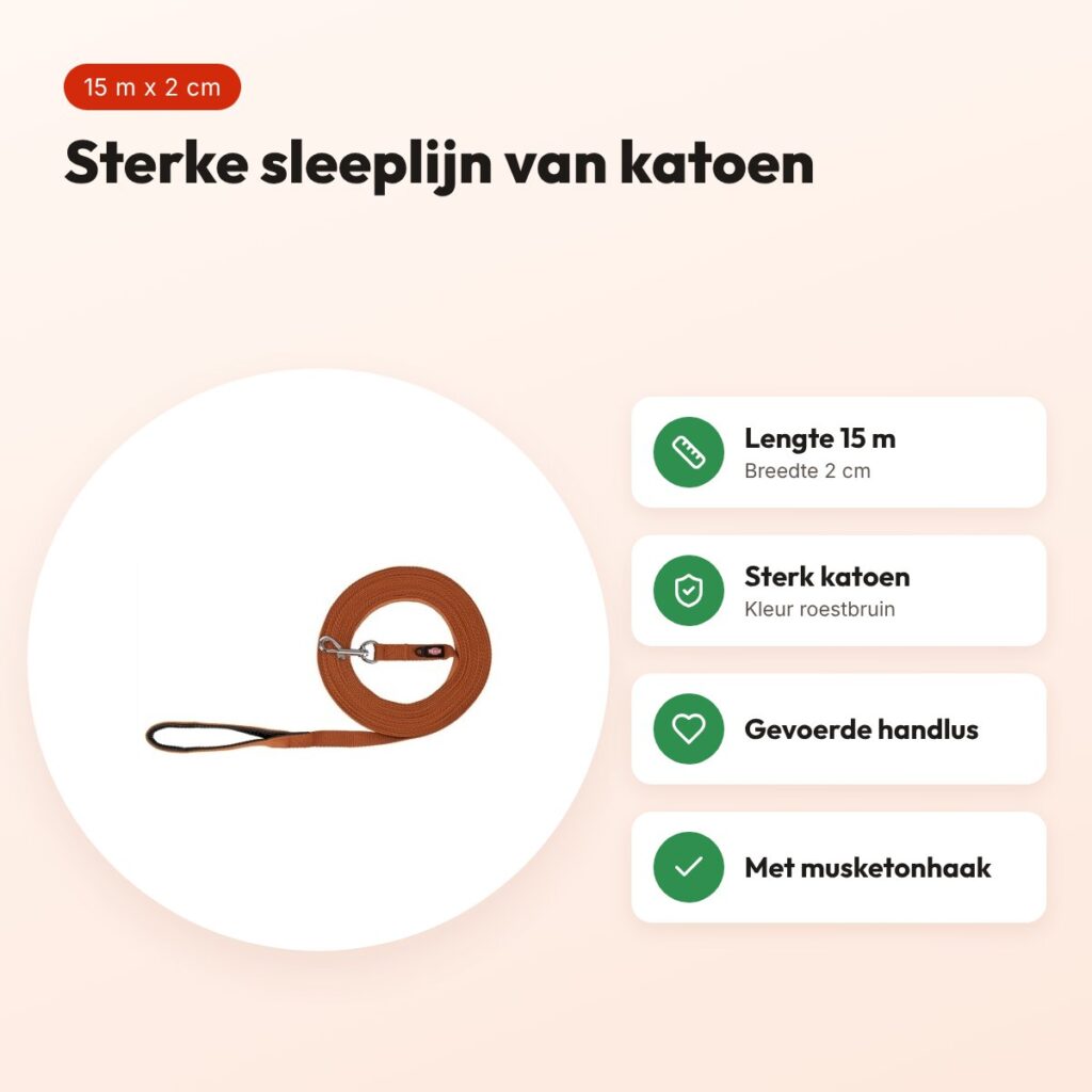 Trixie sleeplijn hond katoen roestbruin 15 m x 2 cm – gevoerde handlus – voordelen