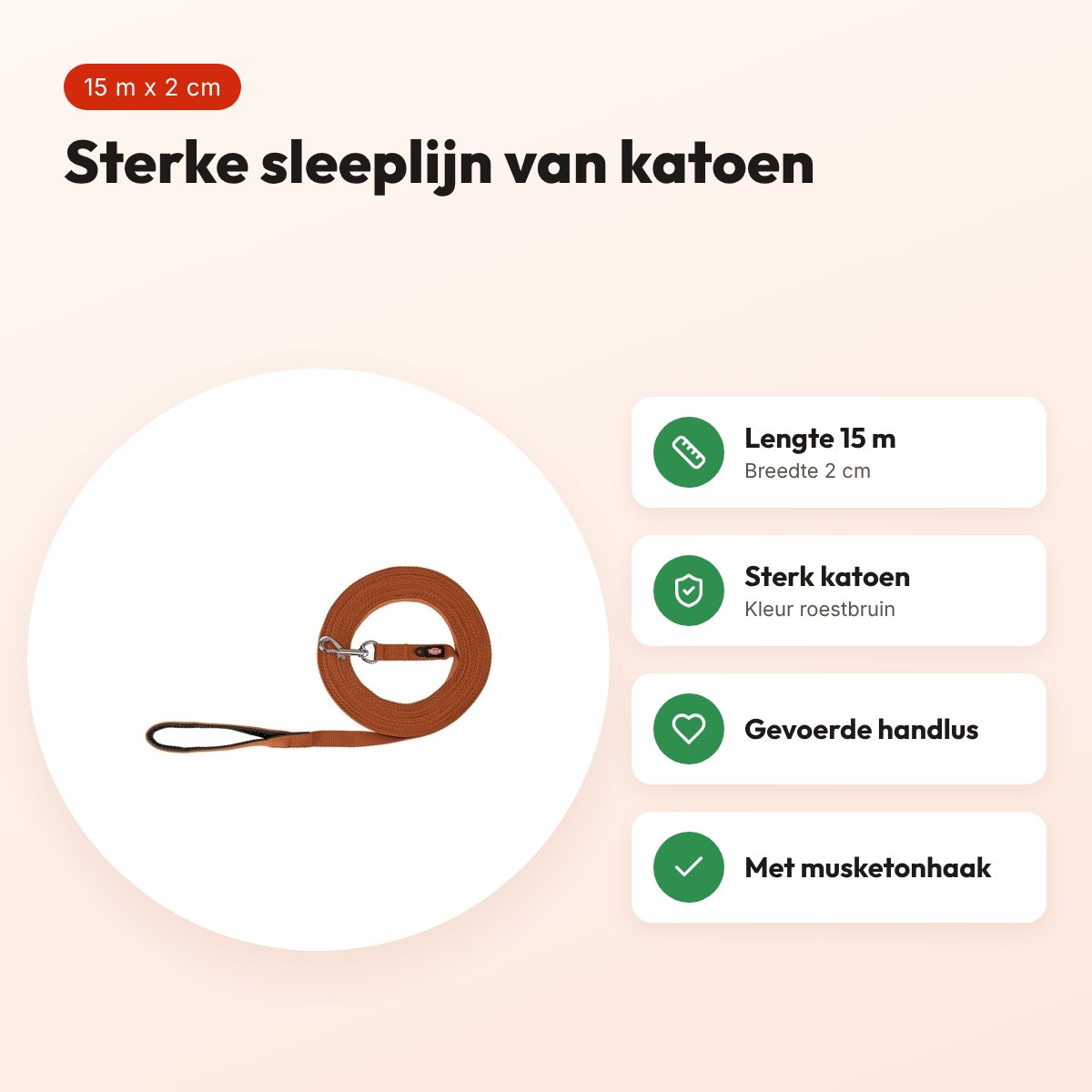 Trixie sleeplijn hond katoen roestbruin 15 m x 2 cm – gevoerde handlus – voordelen