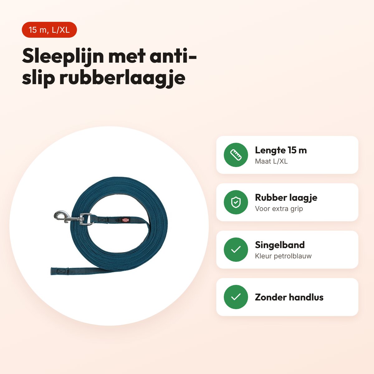 Trixie sleeplijn hond rubber anti-slip petrolblauw L/XL 15 m – singelband – voordelen