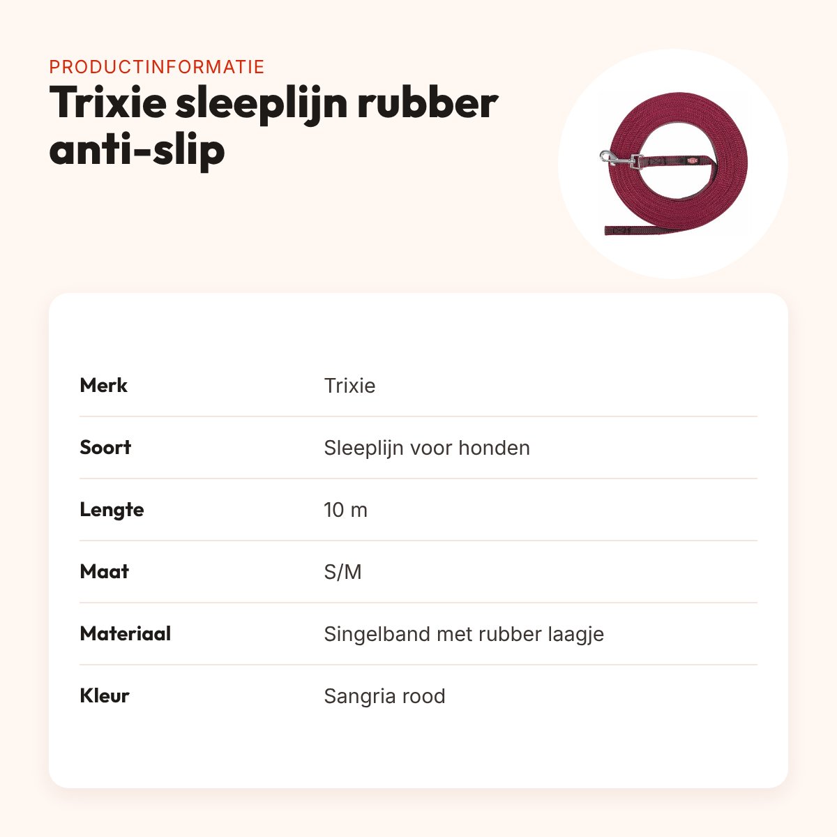 Trixie sleeplijn hond rubber anti-slip sangria rood S/M 10 m – singelband – productinformatie