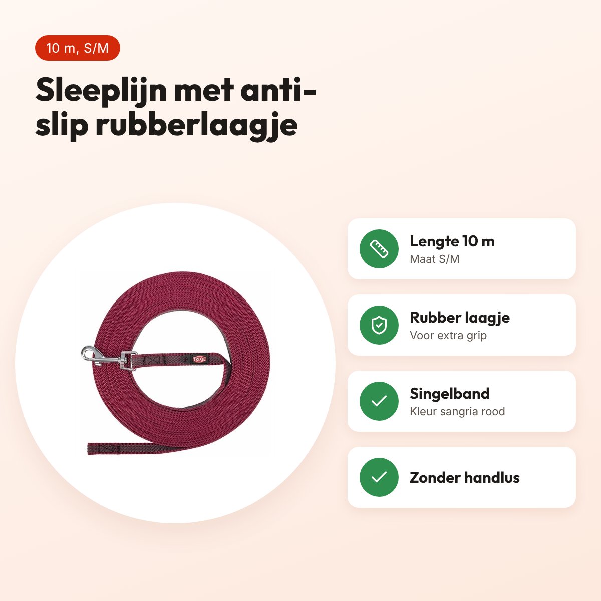 Trixie sleeplijn hond rubber anti-slip sangria rood S/M 10 m – singelband – voordelen