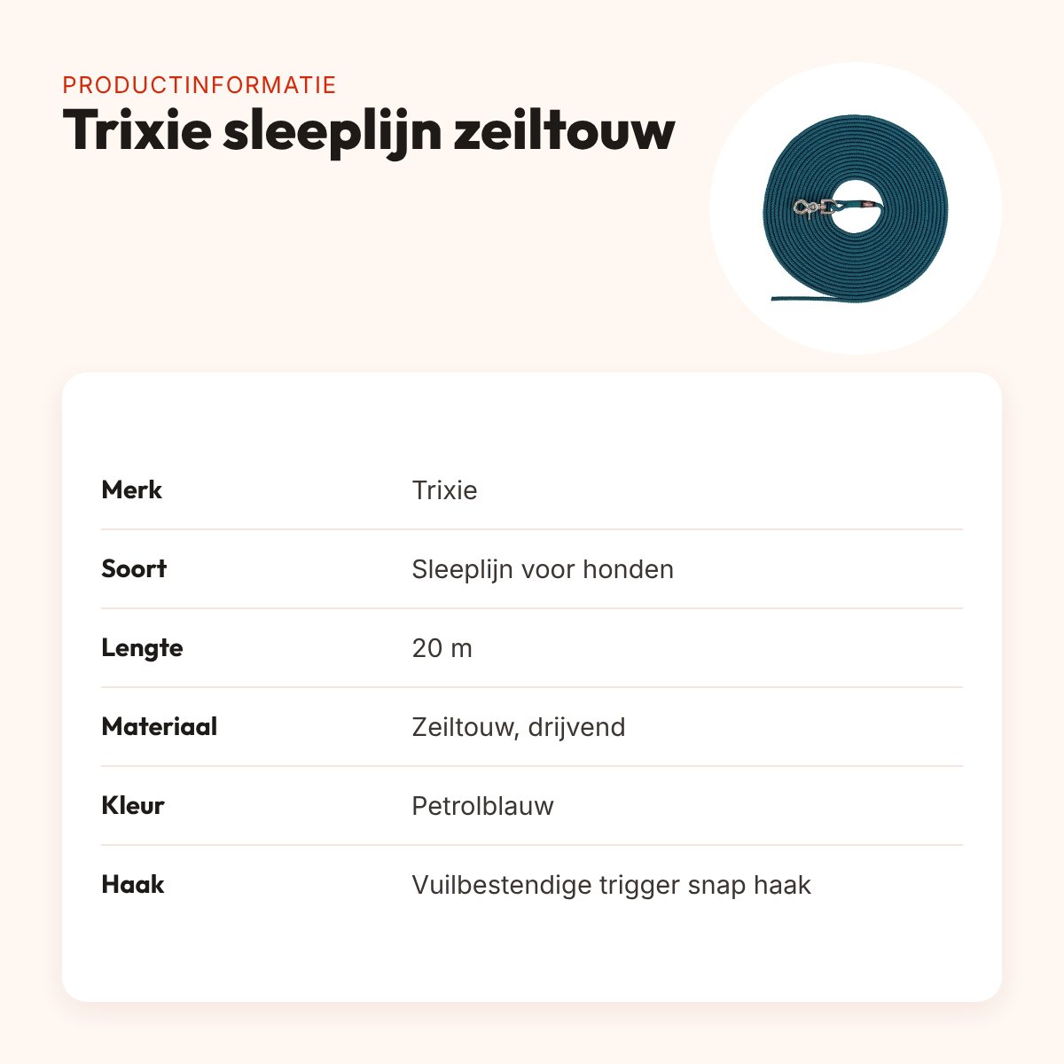Trixie sleeplijn hond zeiltouw petrolblauw 20 m – drijvend, zonder handlus – productinformatie