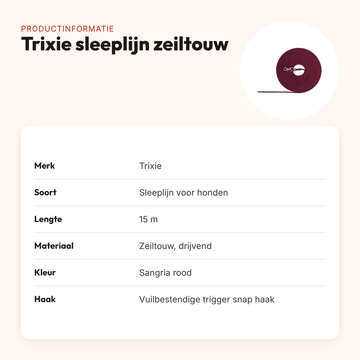 Trixie sleeplijn hond zeiltouw sangria rood 15 m – drijvend, zonder handlus – productinformatie