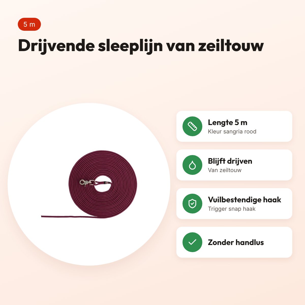 Trixie sleeplijn hond zeiltouw sangria rood 5 m – drijvend, zonder handlus – voordelen