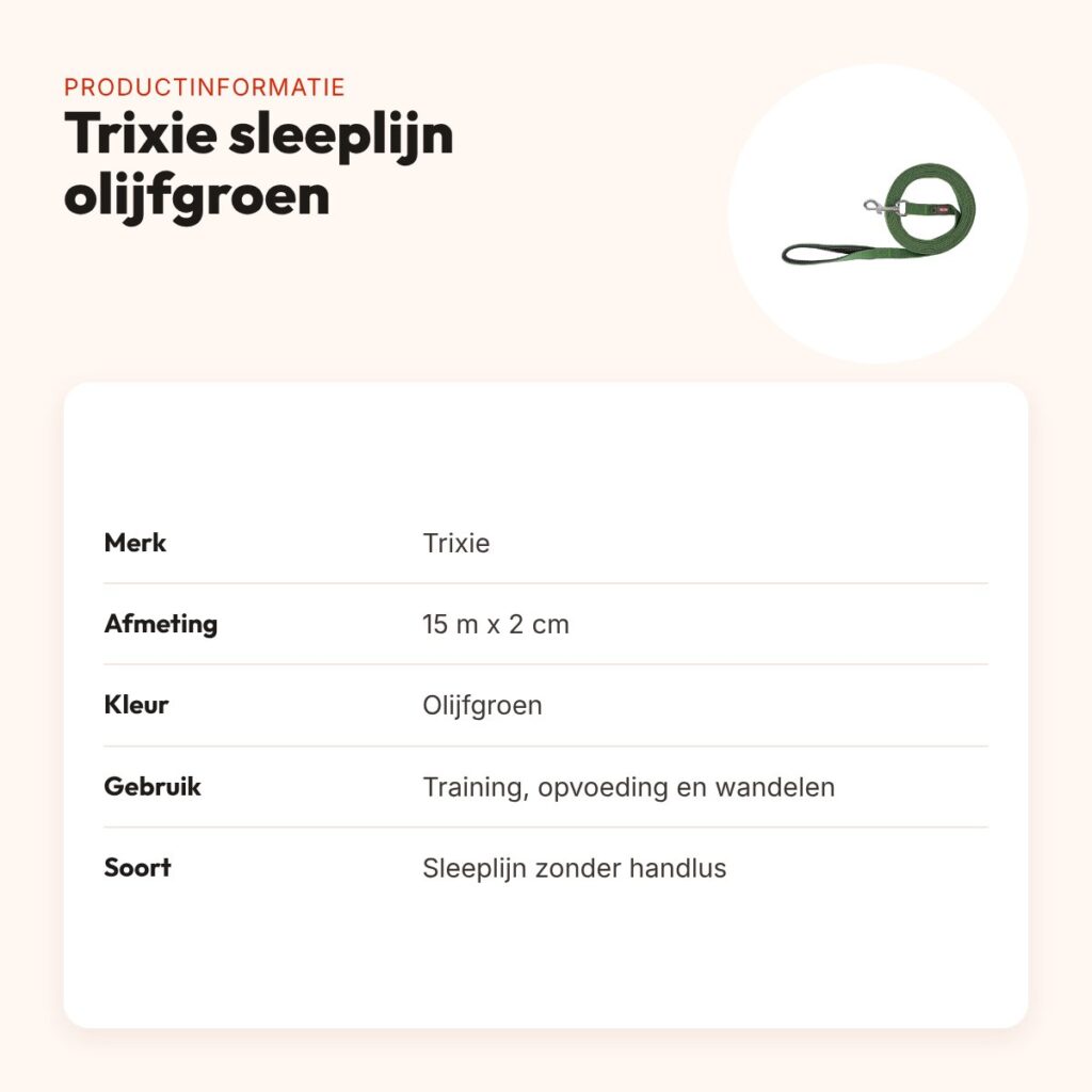 Trixie sleeplijn olijfgroen 15 m x 2 cm – zonder handlus – productinformatie
