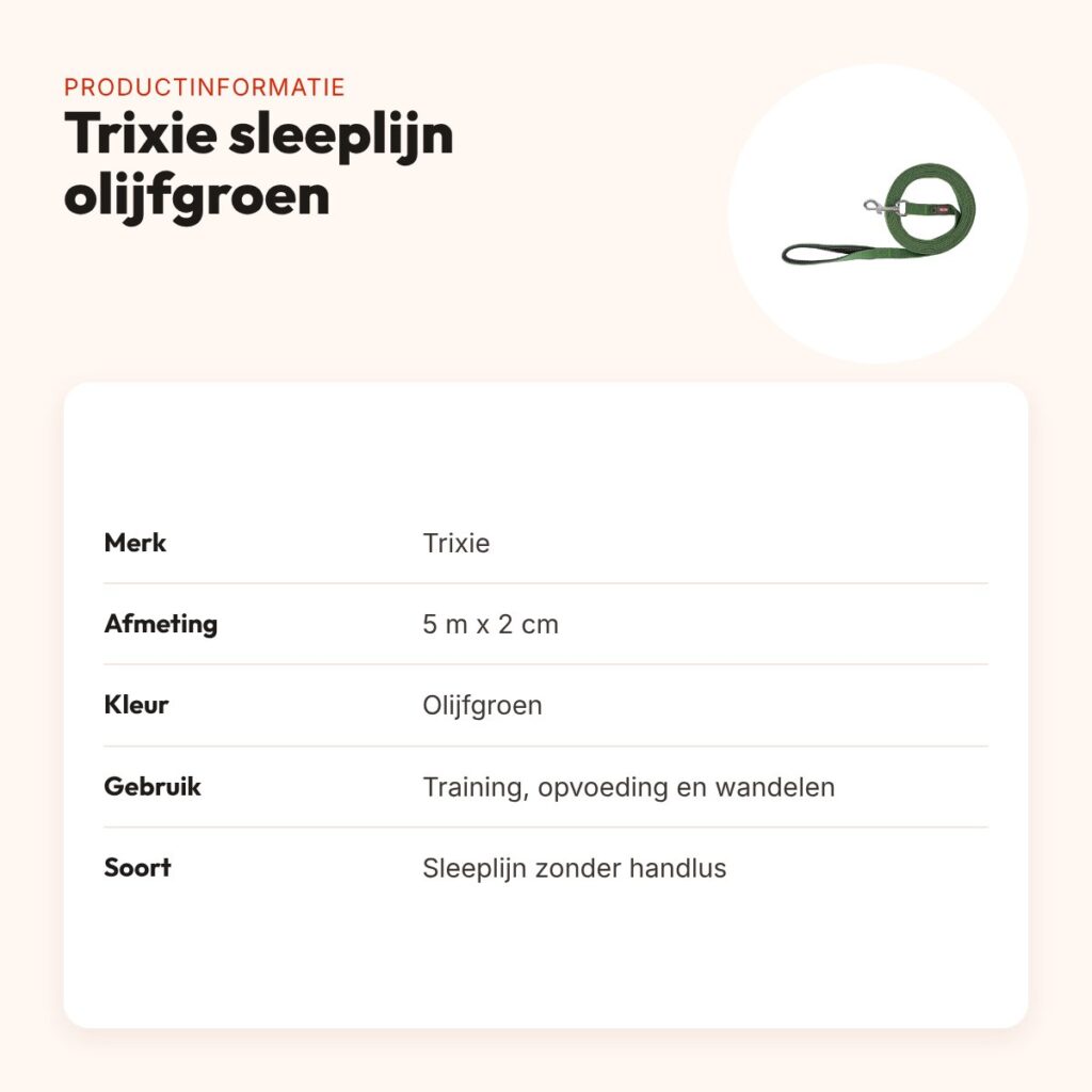 Trixie sleeplijn olijfgroen 5 m x 2 cm – zonder handlus – productinformatie