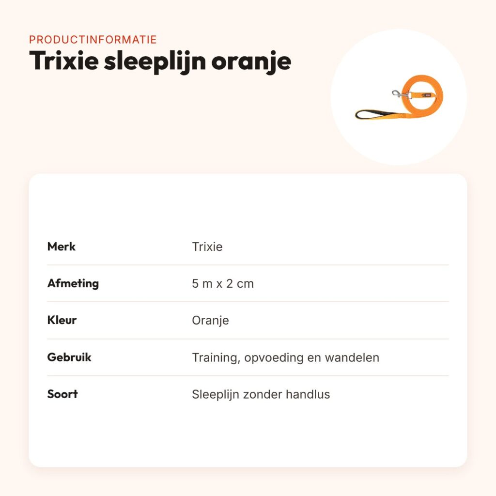 Trixie sleeplijn oranje 5 m x 2 cm – zonder handlus – productinformatie