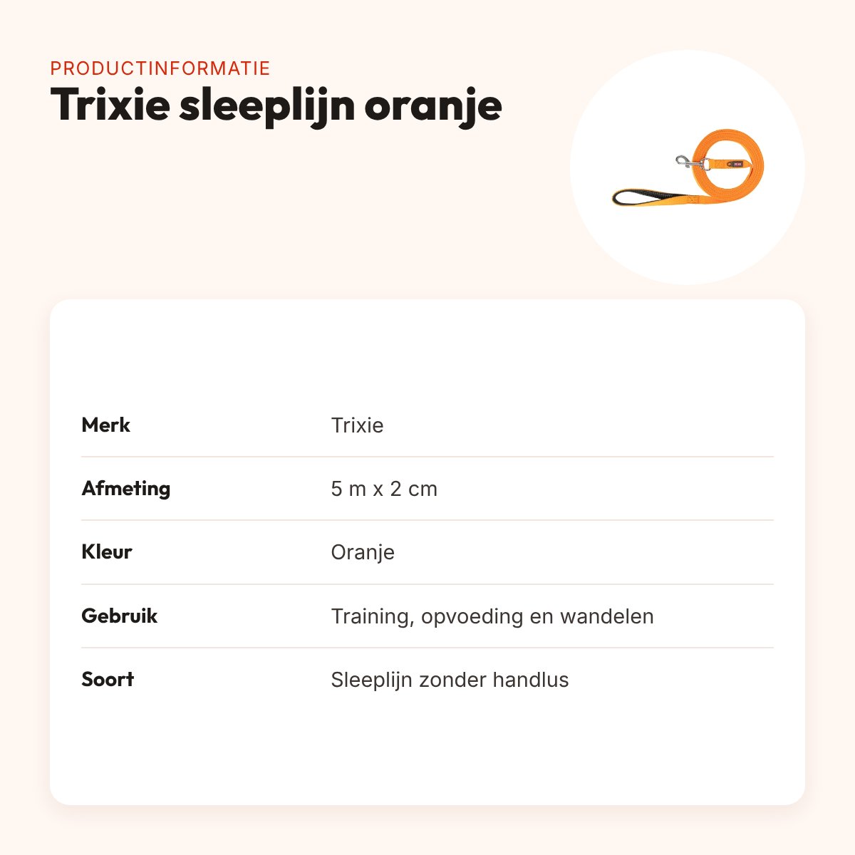 Trixie sleeplijn oranje 5 m x 2 cm – zonder handlus – productinformatie