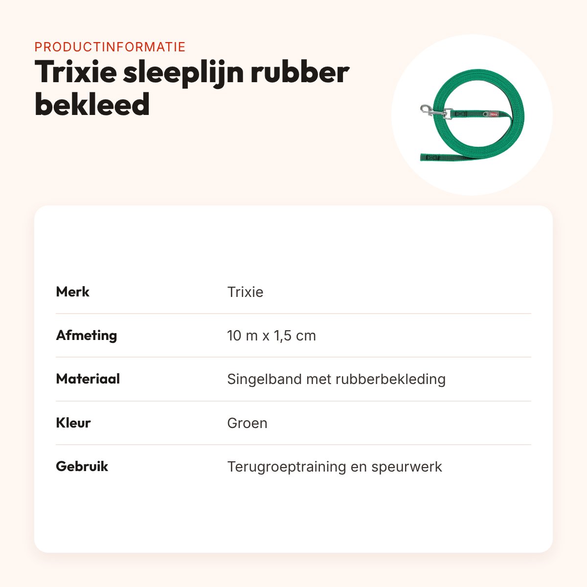 Trixie sleeplijn rubber bekleed groen 10 m x 1,5 cm – zonder handlus – productinformatie