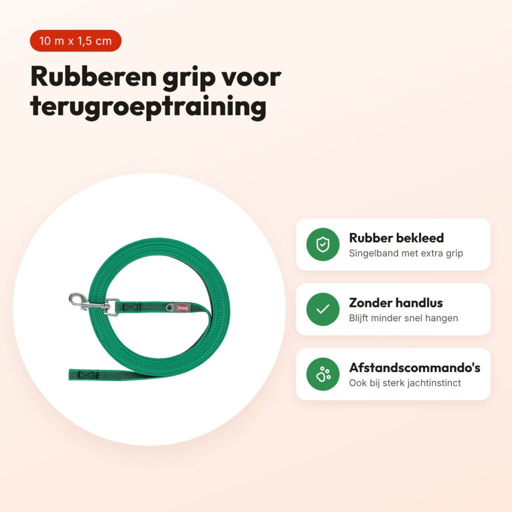 Trixie sleeplijn rubber bekleed groen 10 m x 1,5 cm – zonder handlus – voordelen
