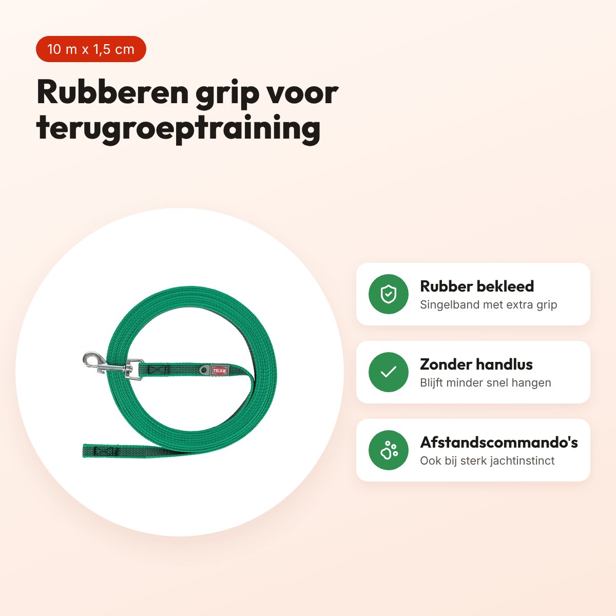 Trixie sleeplijn rubber bekleed groen 10 m x 1,5 cm – zonder handlus – voordelen
