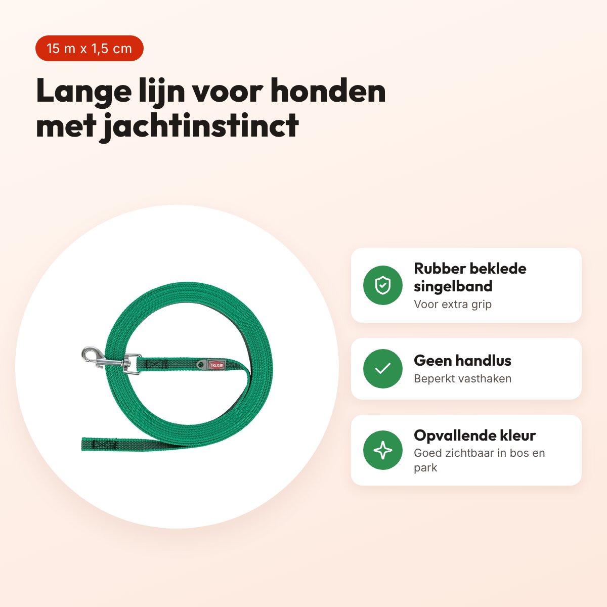 Trixie sleeplijn rubber bekleed groen 15 m x 1,5 cm – zonder handlus – voordelen
