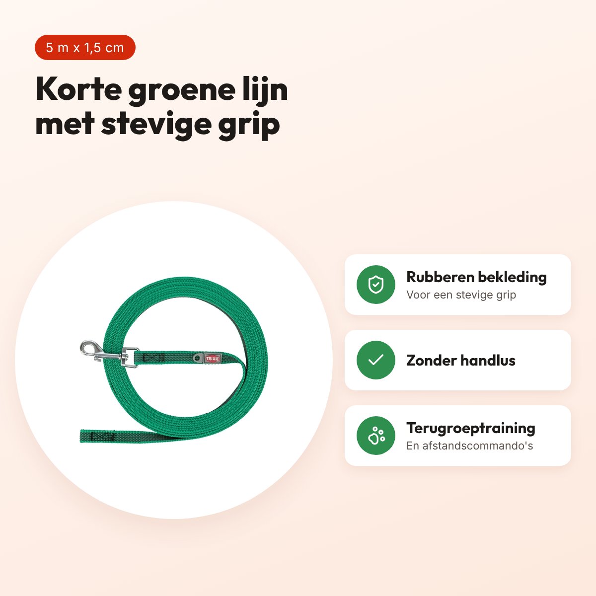 Trixie sleeplijn rubber bekleed groen 5 m x 1,5 cm – zonder handlus – voordelen