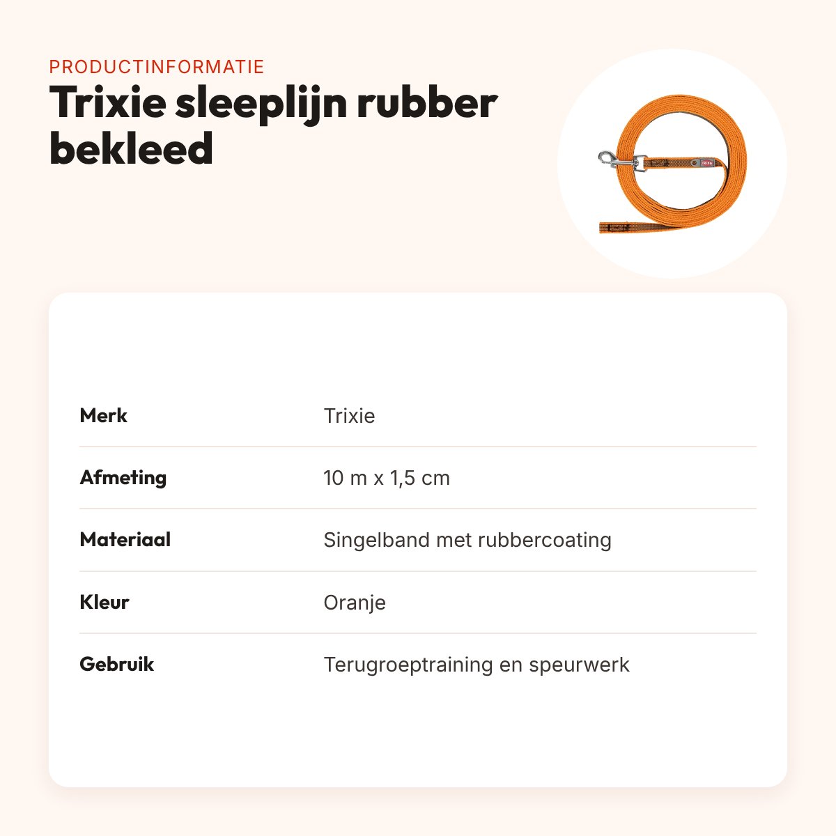 Trixie sleeplijn rubber bekleed oranje 10 m x 1,5 cm – zonder handlus – productinformatie