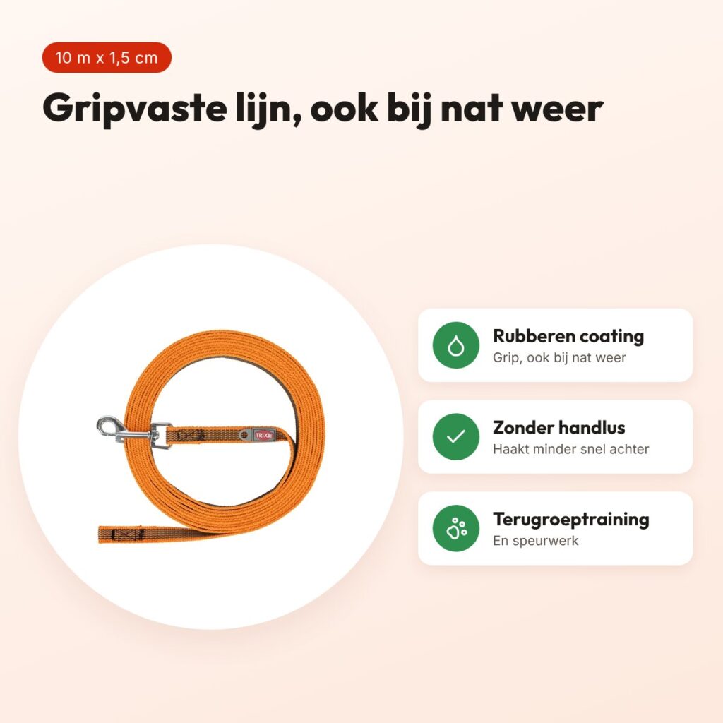 Trixie sleeplijn rubber bekleed oranje 10 m x 1,5 cm – zonder handlus – voordelen