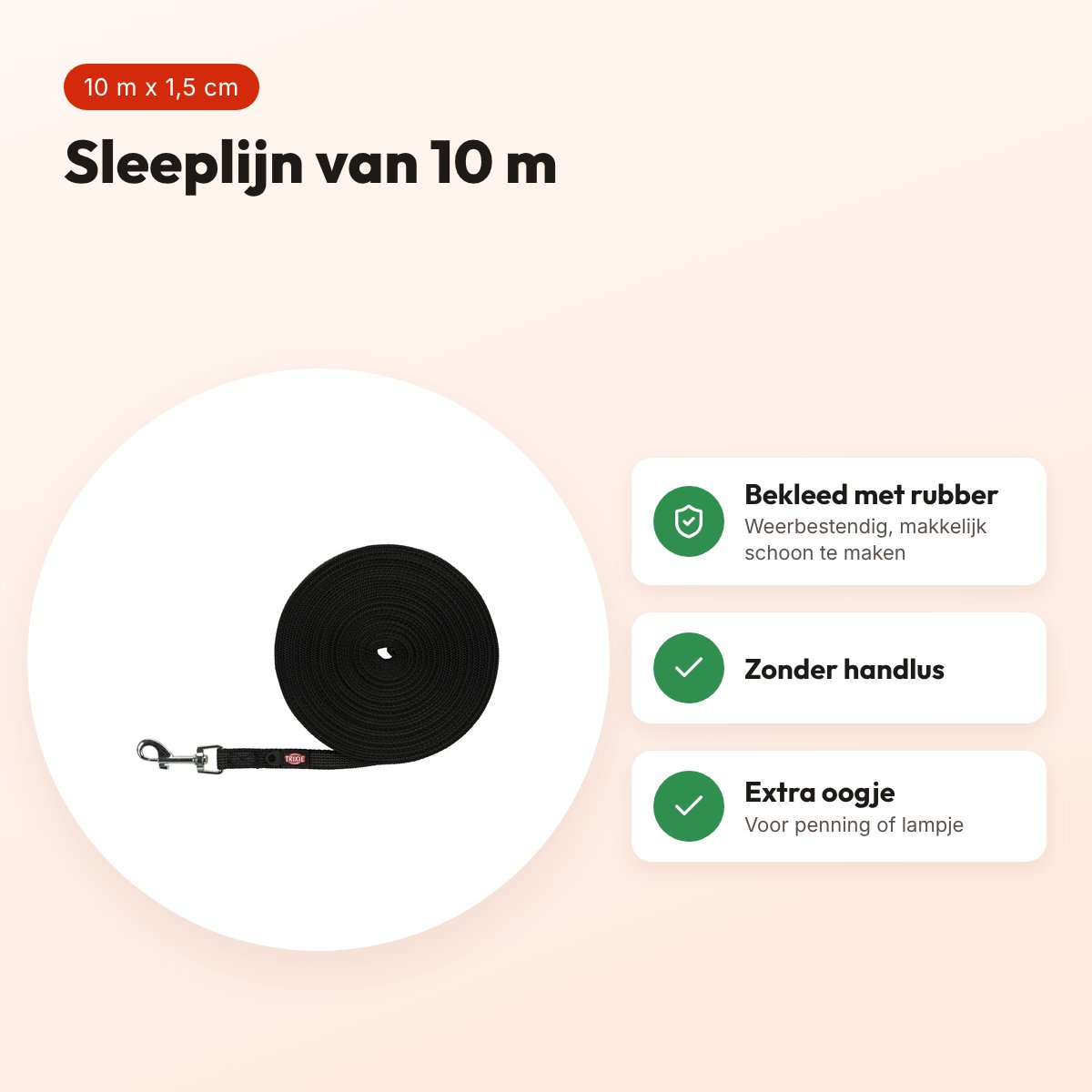 Trixie sleeplijn zwart 10 m x 1,5 cm – met rubber bekleed, zonder handlus – voordelen