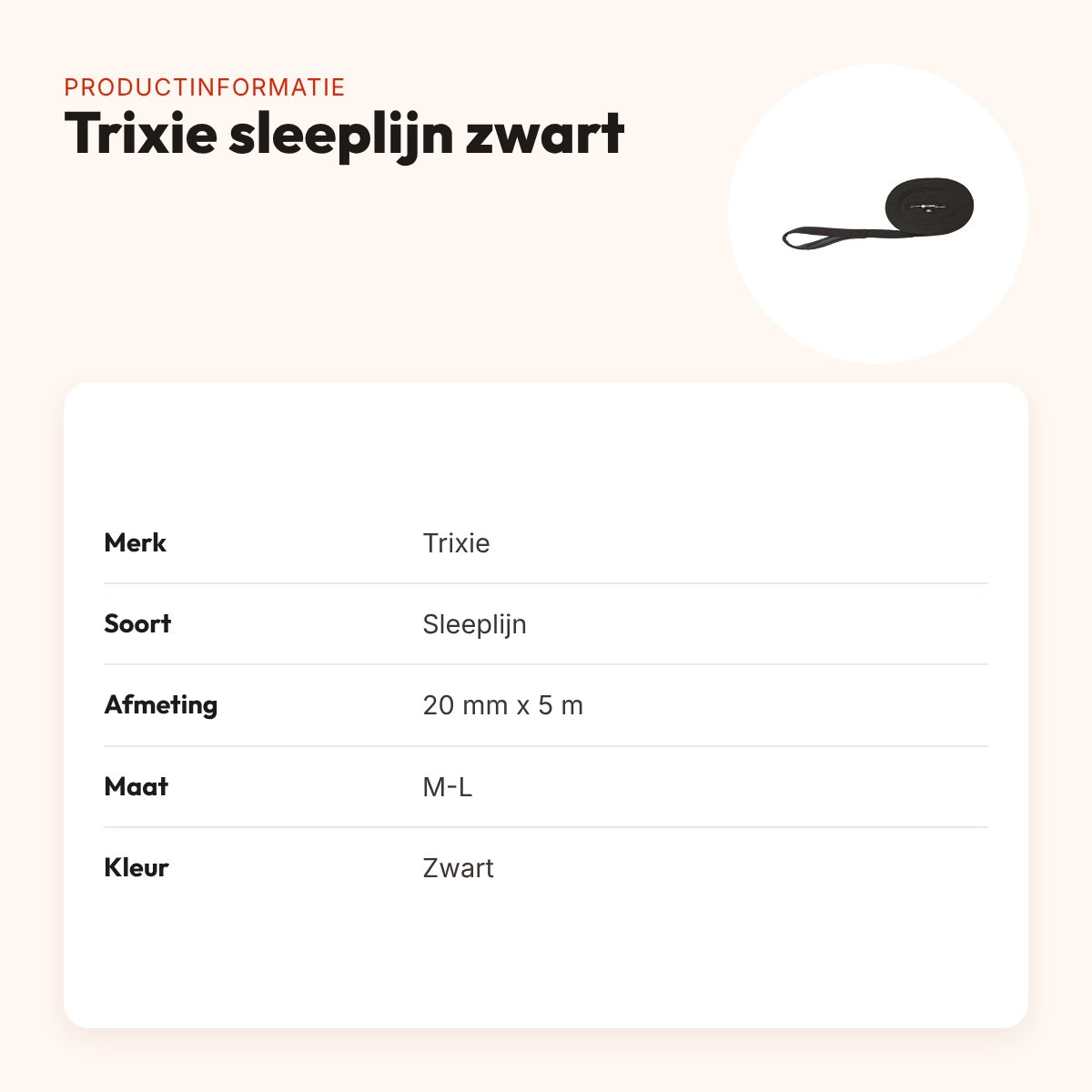 Trixie sleeplijn zwart 20 mm x 5 m – met gevoerde handgreep – productinformatie