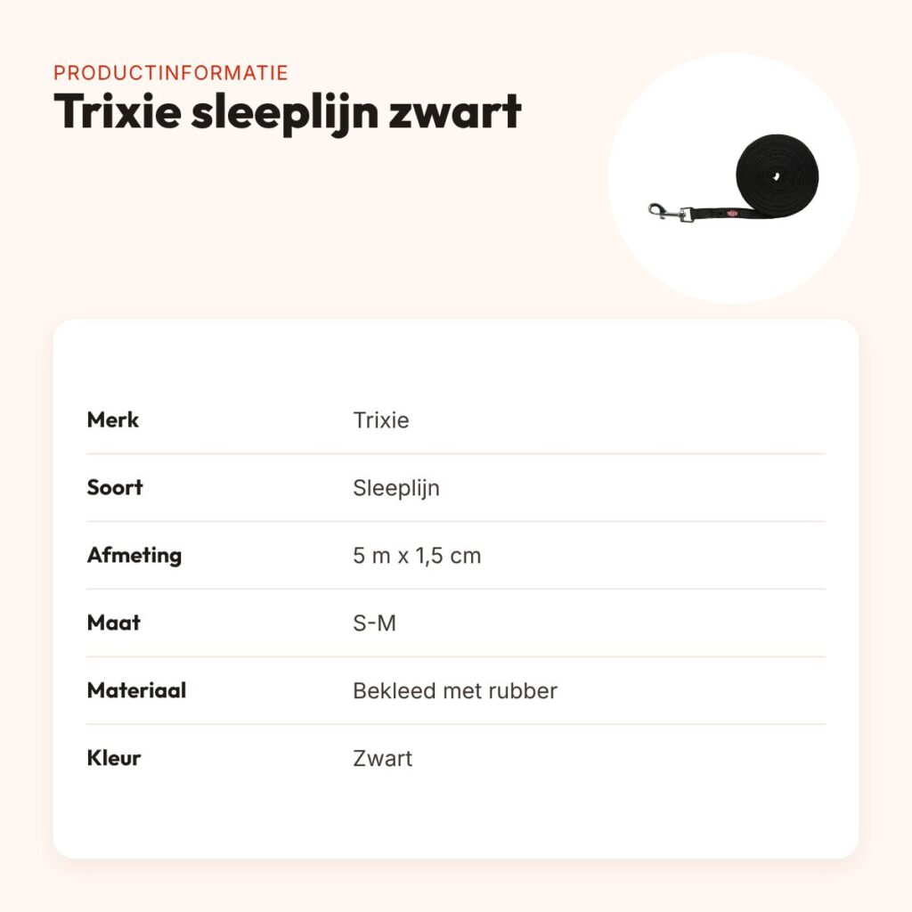 Trixie sleeplijn zwart 5 m x 1,5 cm – met rubber bekleed, zonder handlus – productinformatie