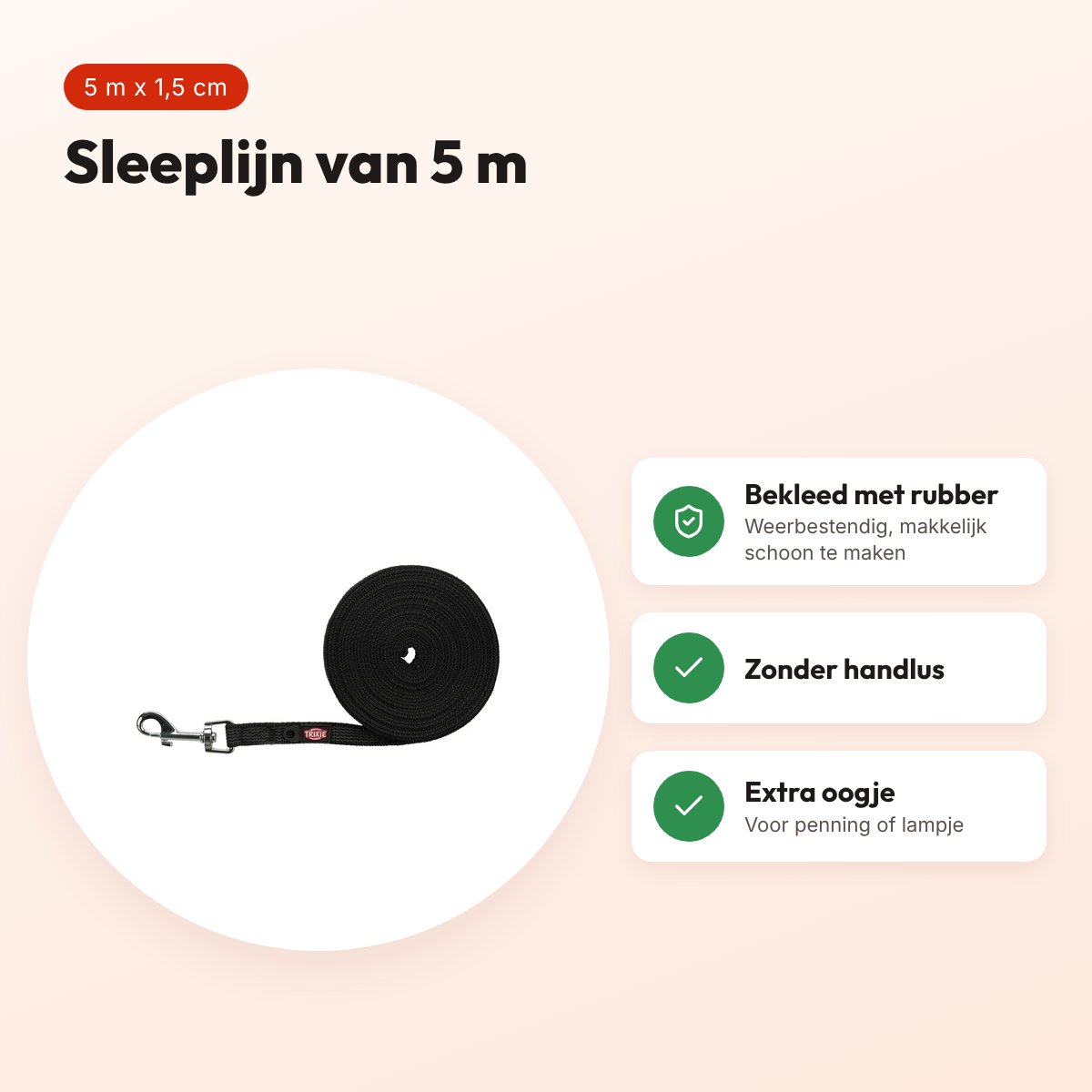 Trixie sleeplijn zwart 5 m x 1,5 cm – met rubber bekleed, zonder handlus – voordelen