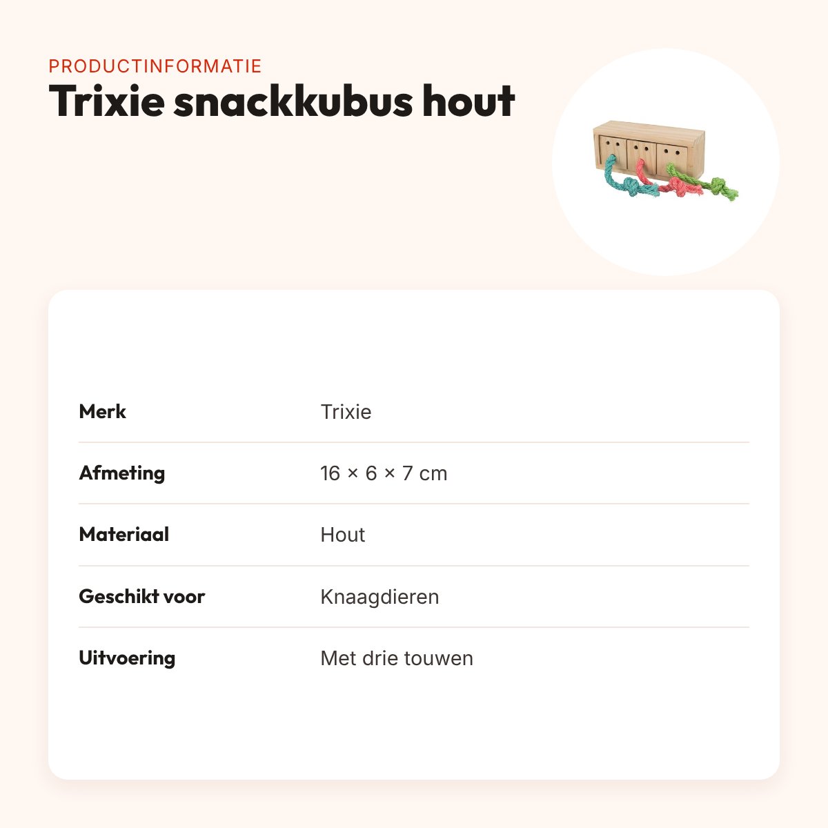 Trixie snack kubus 16 x 6 x 7 cm – hout met drie touwen – productinformatie
