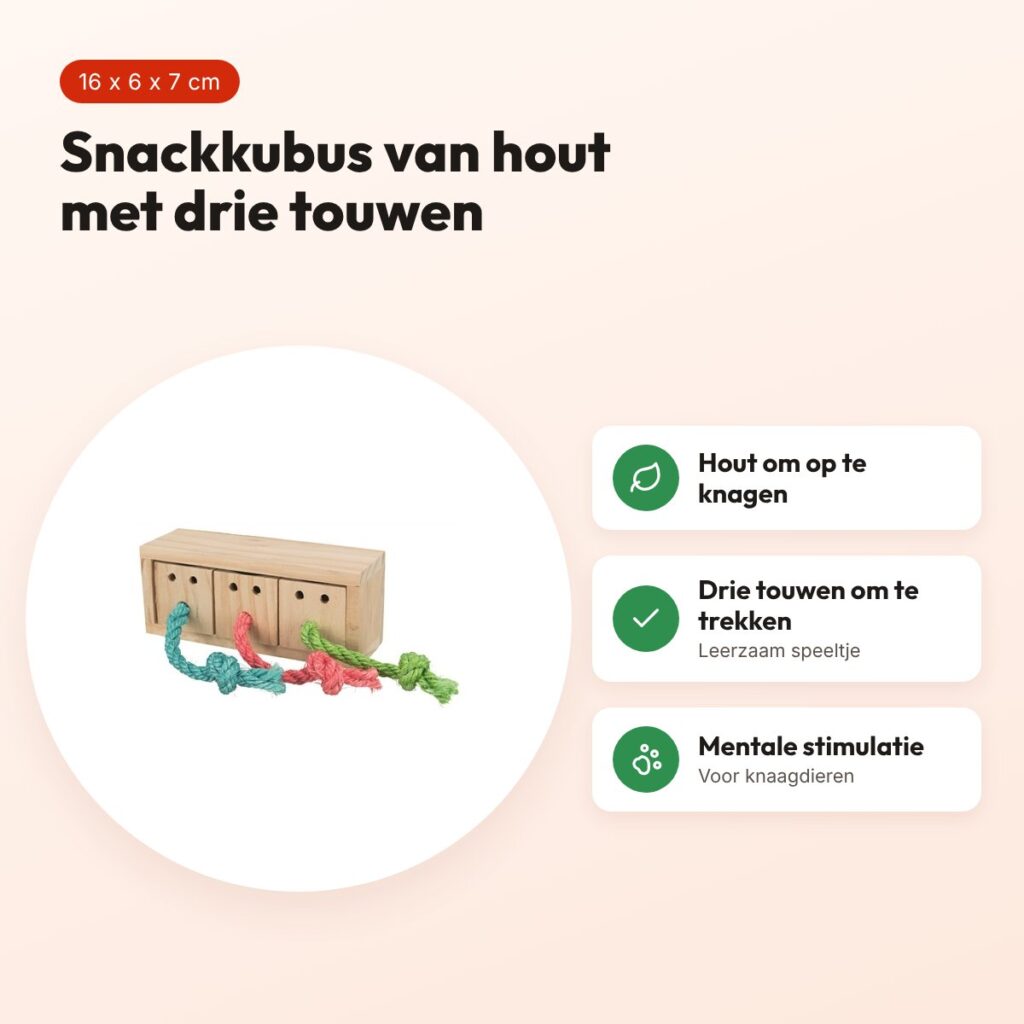 Trixie snack kubus 16 x 6 x 7 cm – hout met drie touwen – voordelen