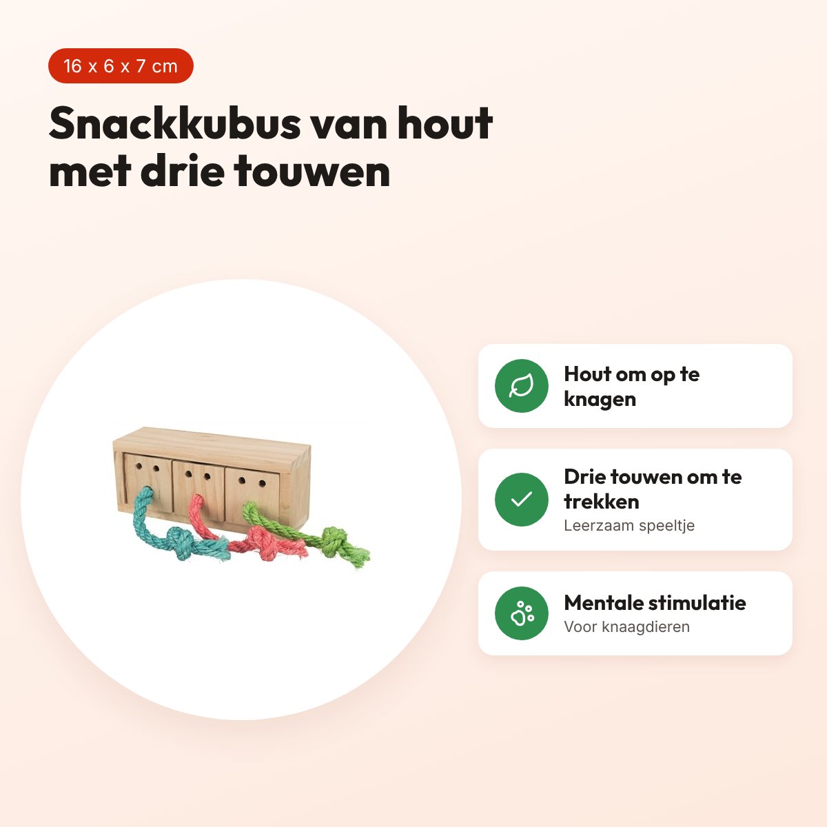 Trixie snack kubus 16 x 6 x 7 cm – hout met drie touwen – voordelen