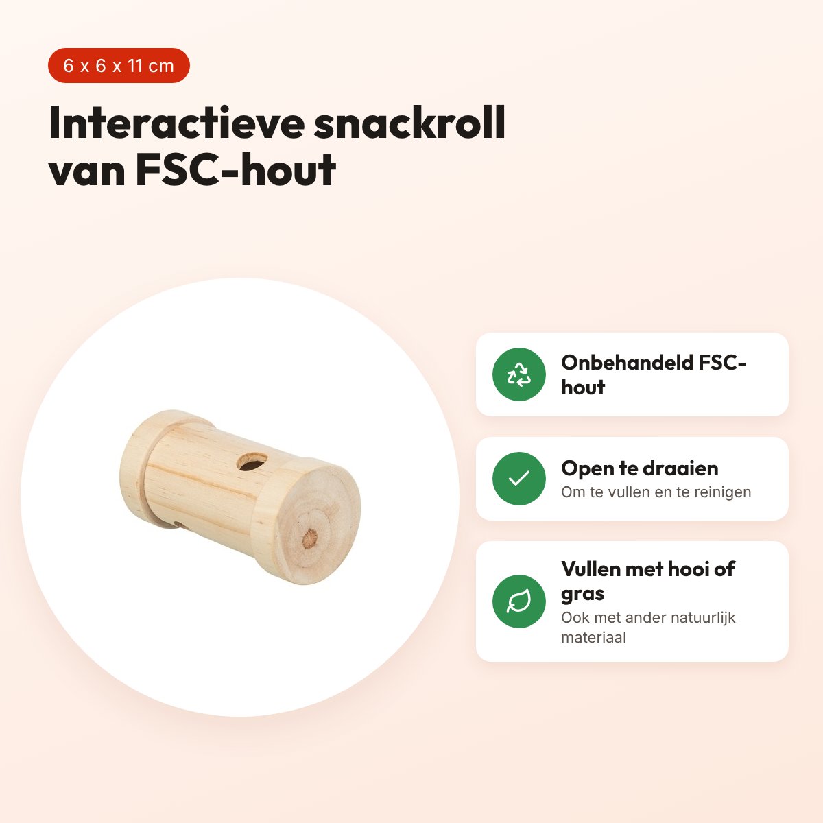 Trixie snack roll hout 6 x 6 x 11 cm – interactief voederspeelgoed – voordelen