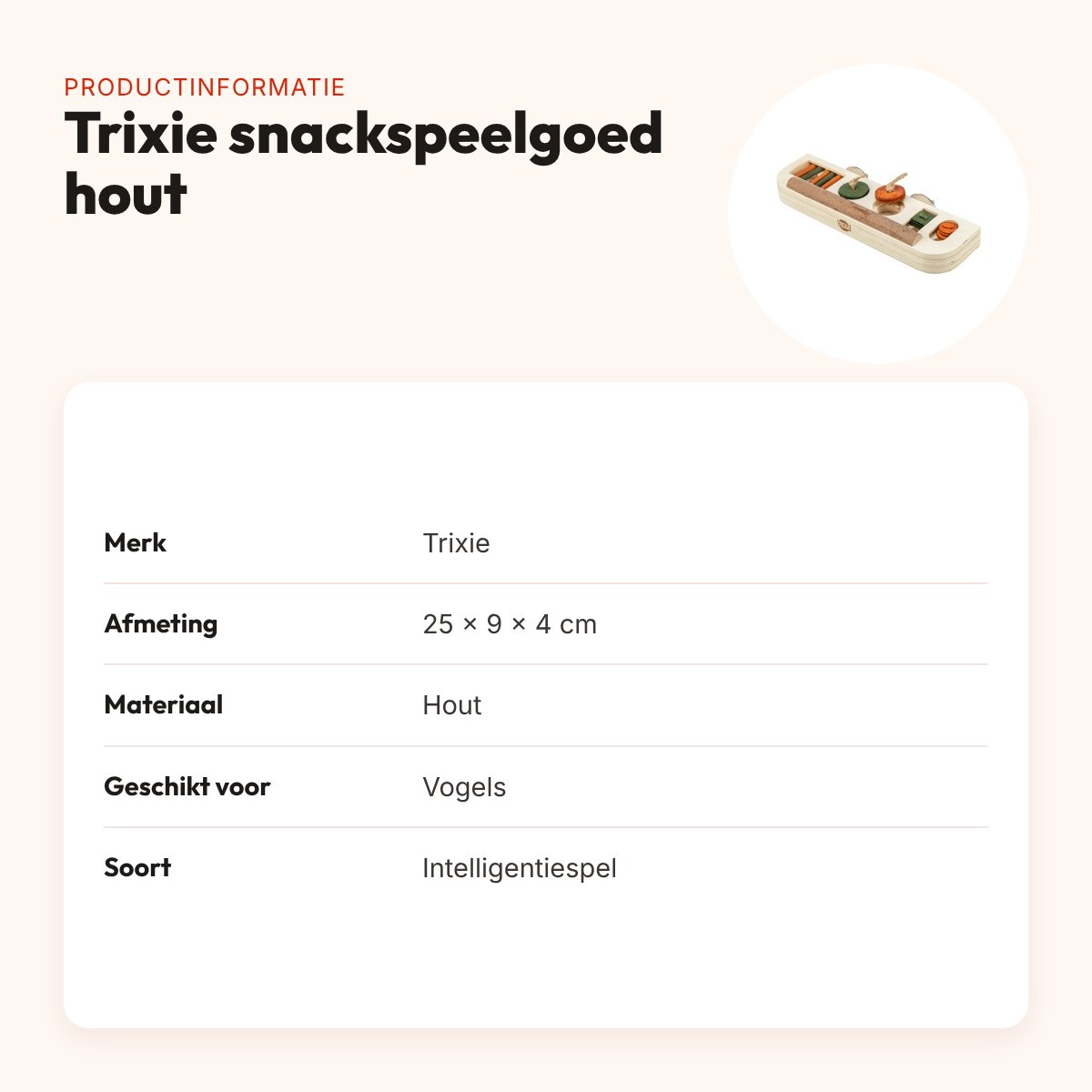 Trixie snackspeelgoed hout 25 x 9 x 4 cm – intelligentiespel voor vogels – productinformatie