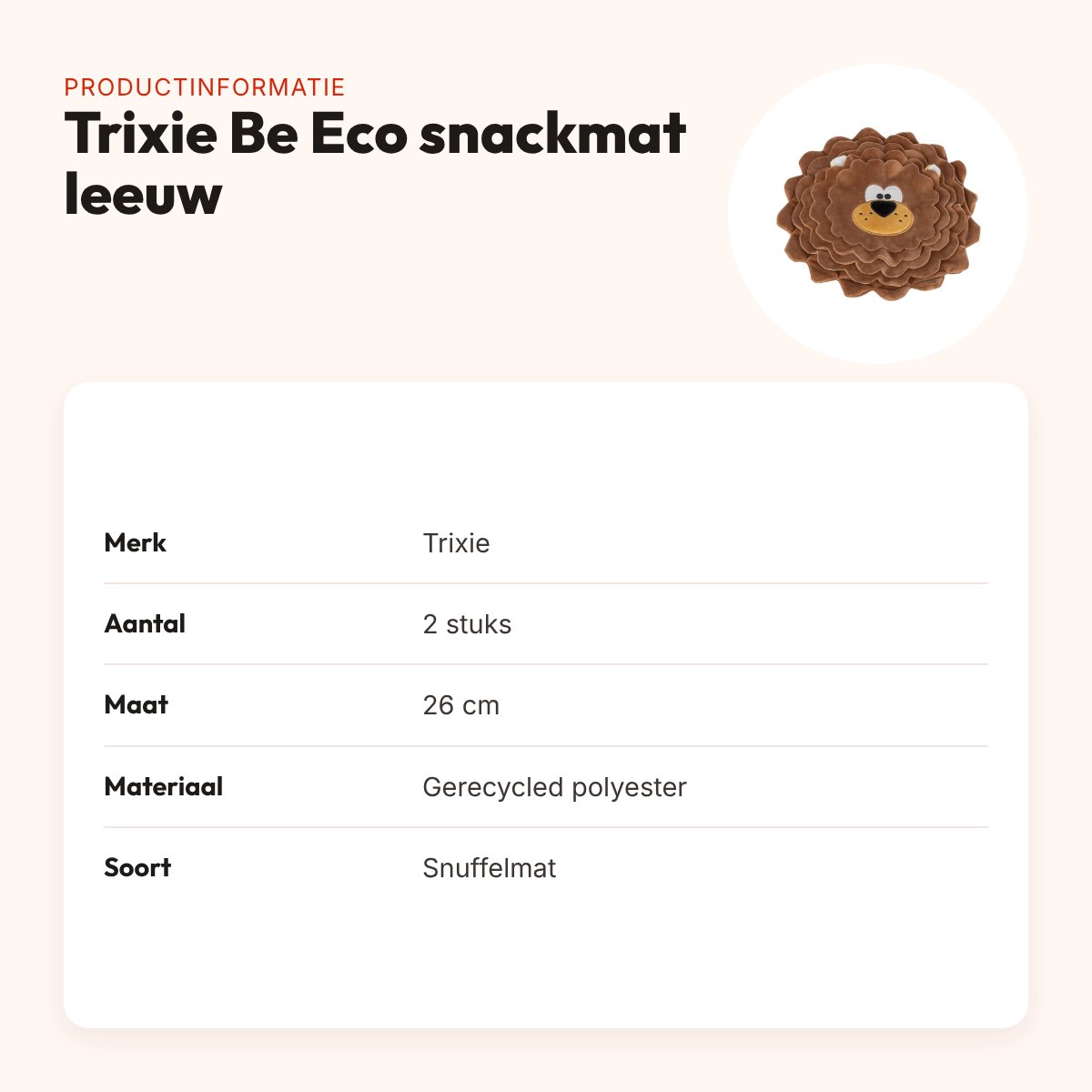 Trixie snuffelmat hond Be Eco leeuw gerecycled pluche 26 cm – 2 stuks – productinformatie